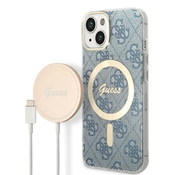 Etui Guess 4G Print MagSafe na iPhone 14 Plus + ładowarka indukcyjna - niebieskie