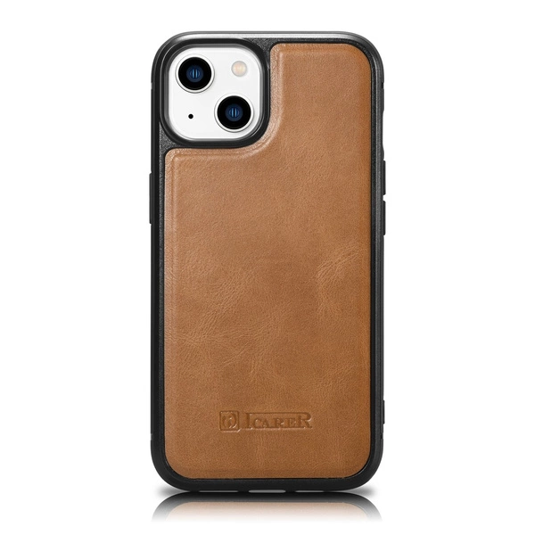 iCarer Leather Oil Wax case covered with natural leather for iPhone 14 Plus brown (WMI14220719-TN)