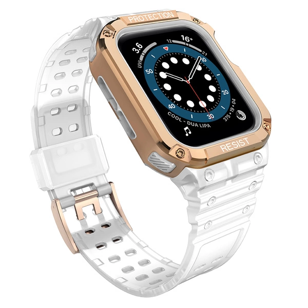 Protect Strap Band opaska z etui do Apple Watch 7 / 6 / 5 / 4 / 3 / 2 / SE (45 / 44 / 42mm) obudowa pancerny pokrowiec na zegarek przezroczysty / różowe złoto