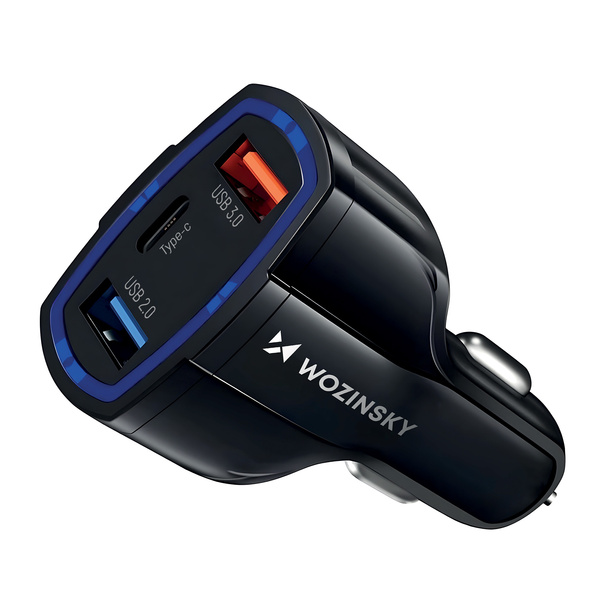 Wozinsky ładowarka samochodowa szybkie ładowanie Quick Charge 3.0 QC3.0 2xUSB / USB Typ C czarny (WCC-01)